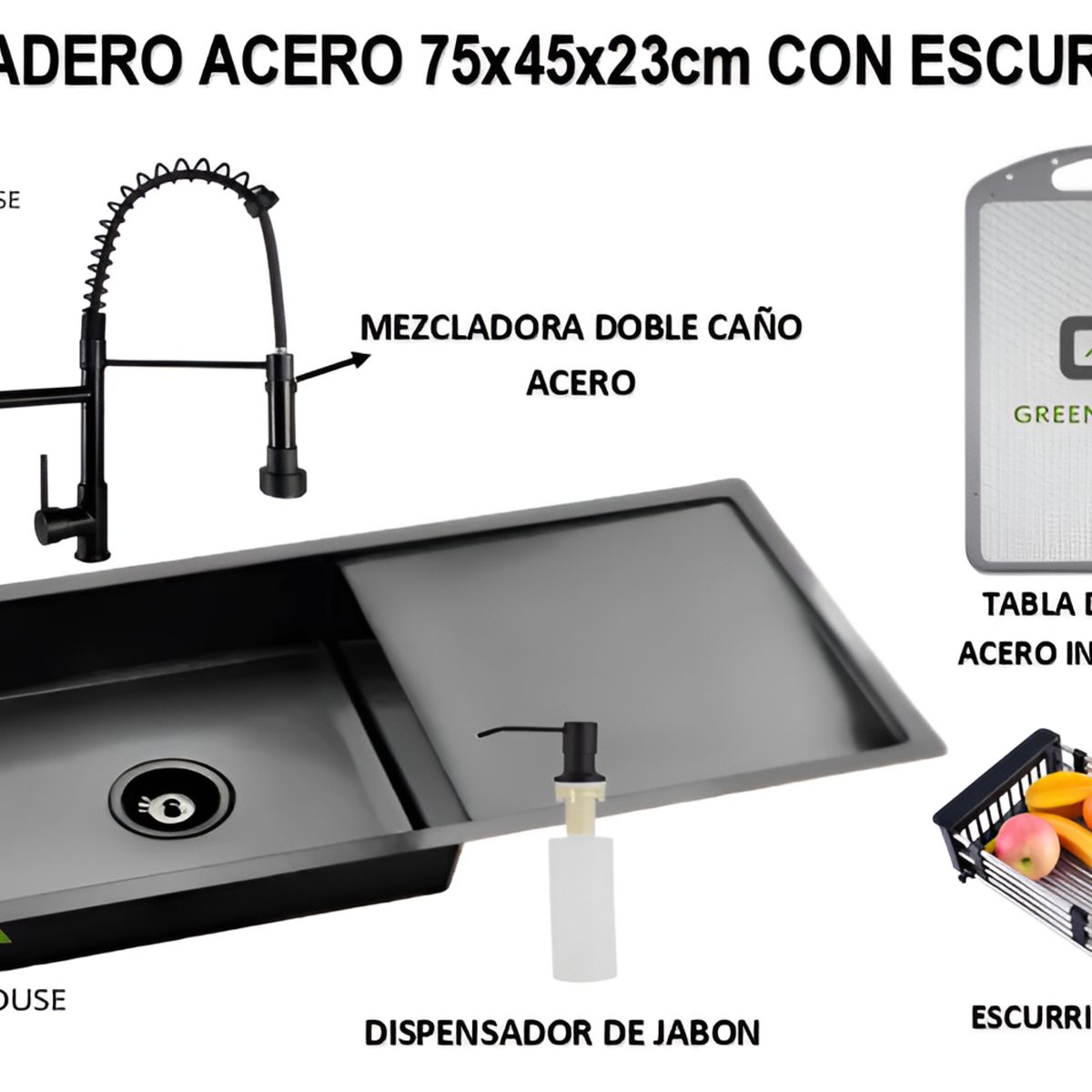 GENERICO - LAVADERO 75x45x23 cm ACERO CON ESCURRIDOR  + MEZCLADORA DOBLE CAÑO