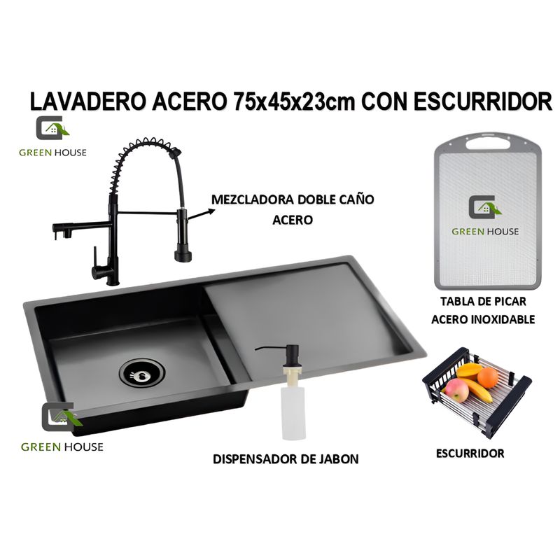 GENERICO - LAVADERO 75x45x23 cm ACERO CON ESCURRIDOR  + MEZCLADORA DOBLE CAÑO
