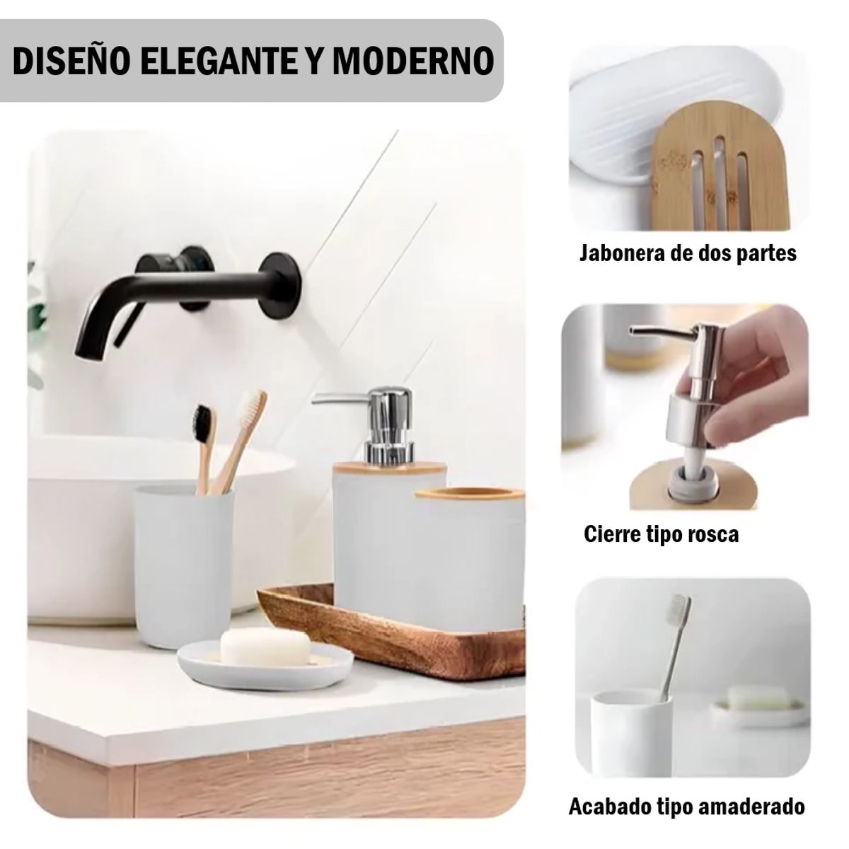 GENERICO - Kit de Accesorios x4 pzs Para Baño diseño moderno - Color Blanco