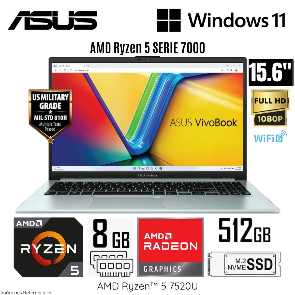 ASUS - Laptop Asus Vivabook E1504FA-NJ365W AMD Ryzen  5-7520U 8GB DDR5 RAM 512GB SSD 15.6"  FHD - Grey Green