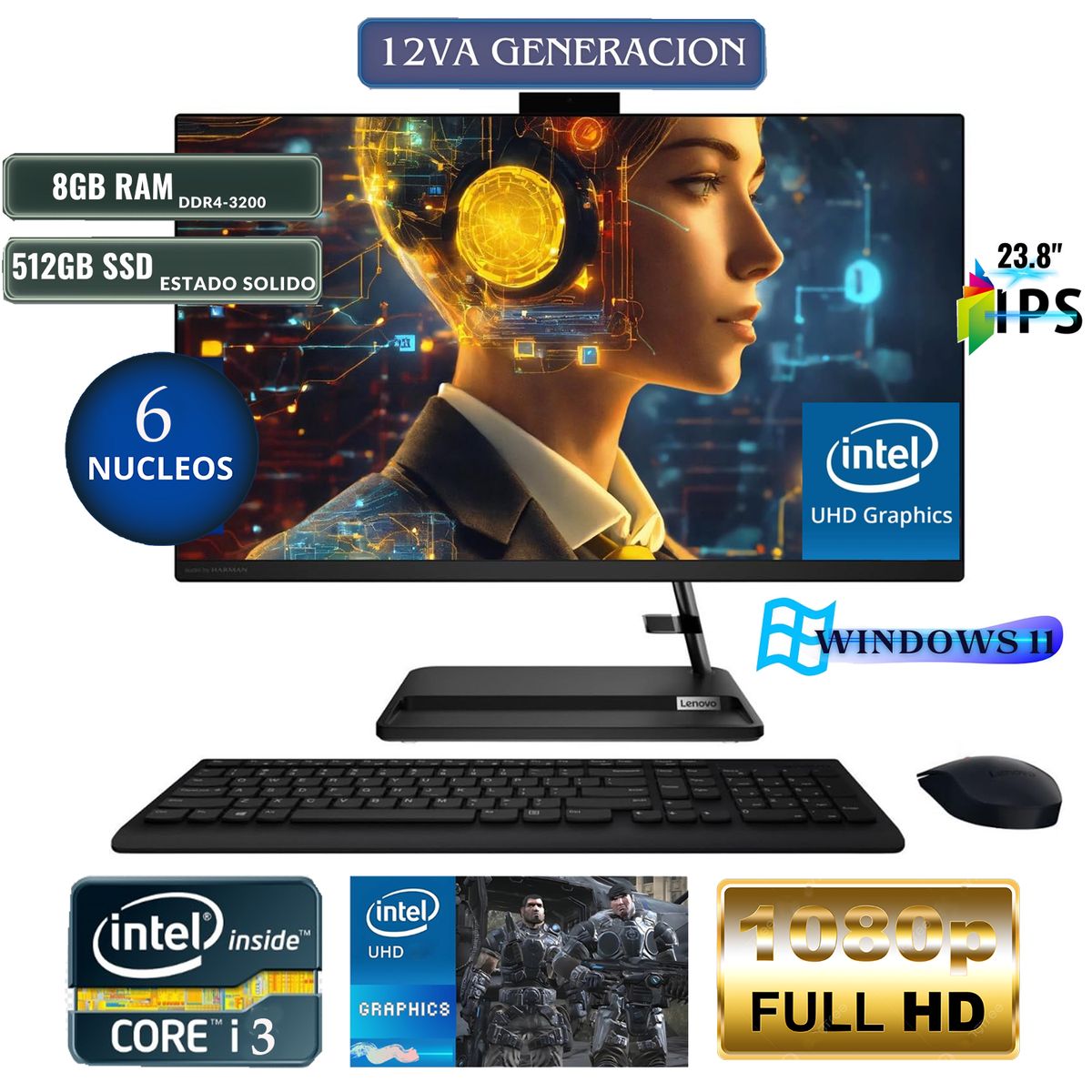 LENOVO - All In One Lenovo Ideacentre 3 24Iap7 Core I3, 23.8" Fhd, Ram 8Gb, Ssd 512Gb