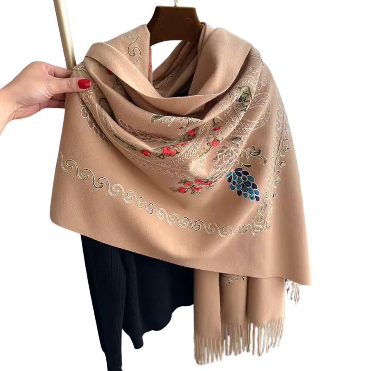GENERICO - Bufanda Chal Bordado Marron Con Detalles Para Mujer