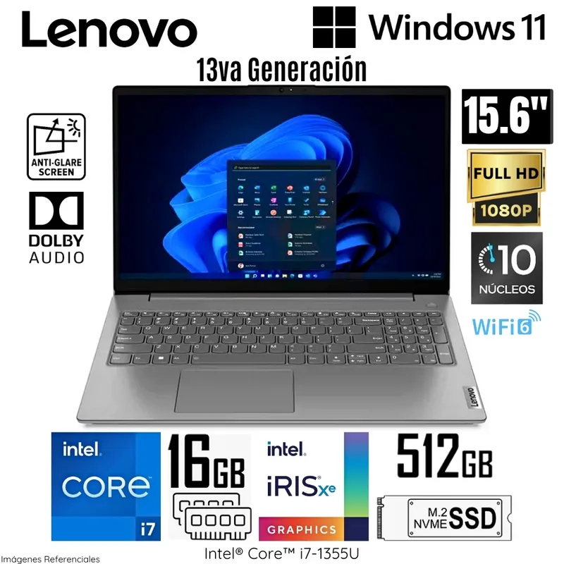 LENOVO - Laptop Lenovo V15 G4 IRU Intel Core i7-1355U 16GB RAM 512GB SSD 15.6"  FHD Iron Grey - 83A100ERLM