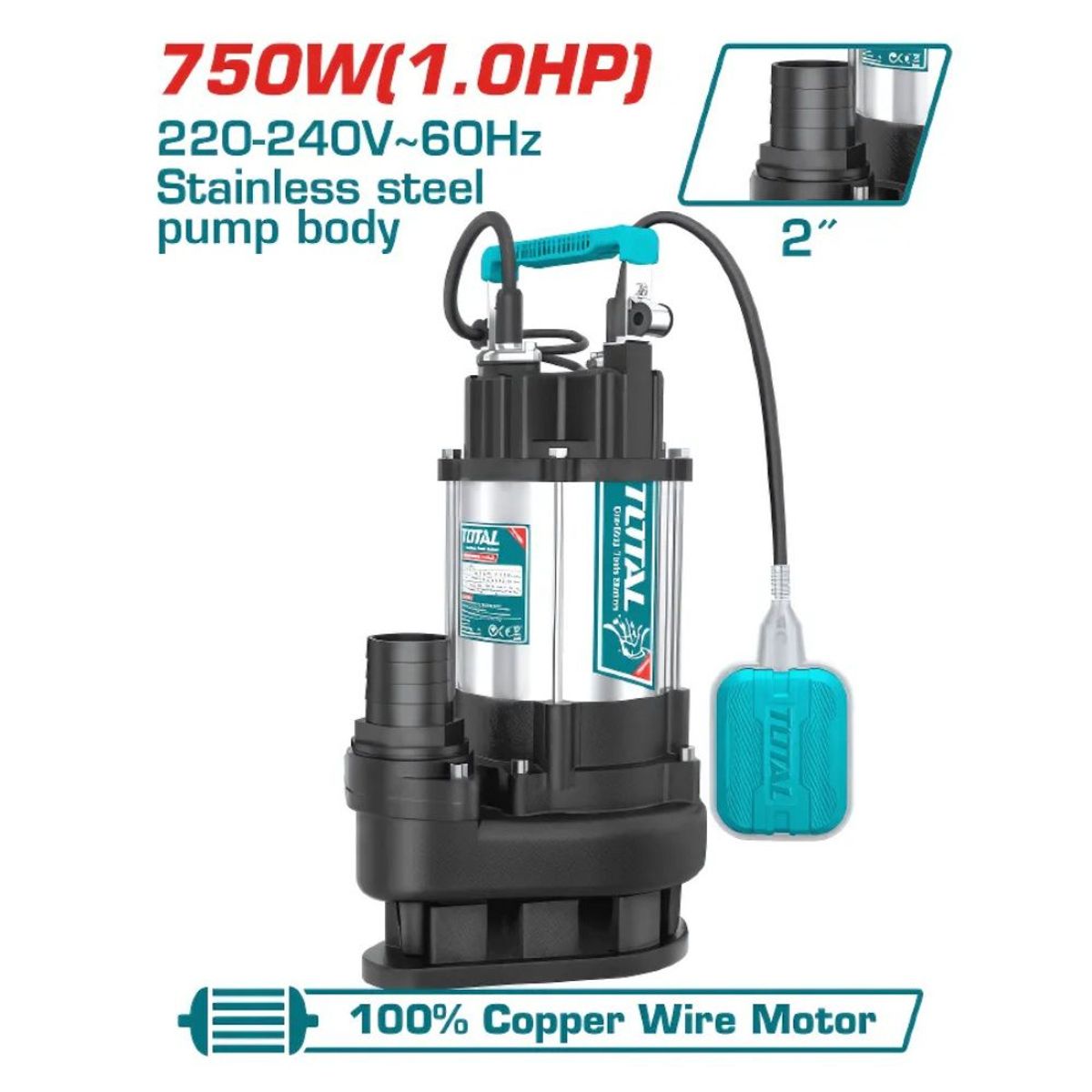 TOTAL TOOLS - BOMBA SUMERGIBLE AGUA PARA AGUA RESIDUAL Y DRENAJE 1HP 750W TOTAL