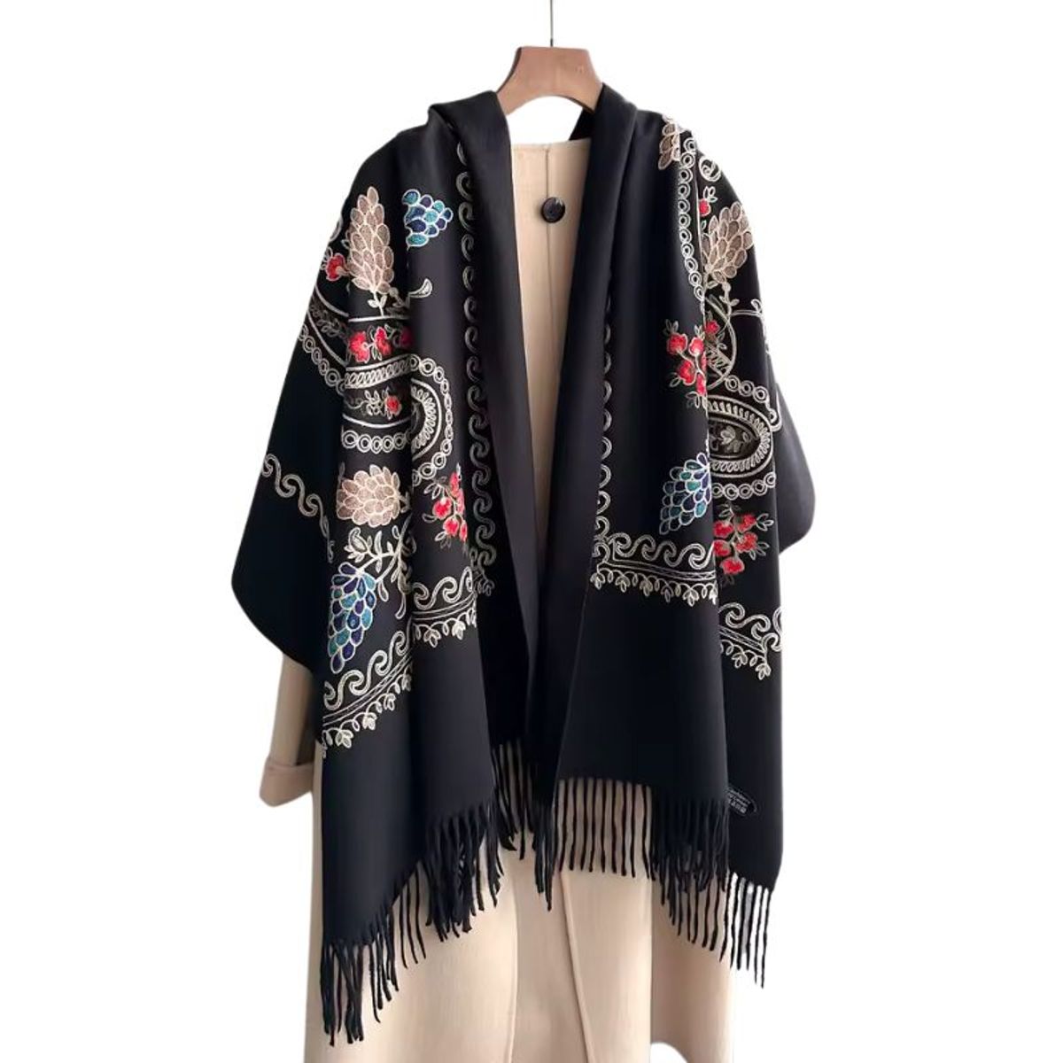 GENERICO - Bufanda Chal Bordado Negro Con Detalles Para Mujer