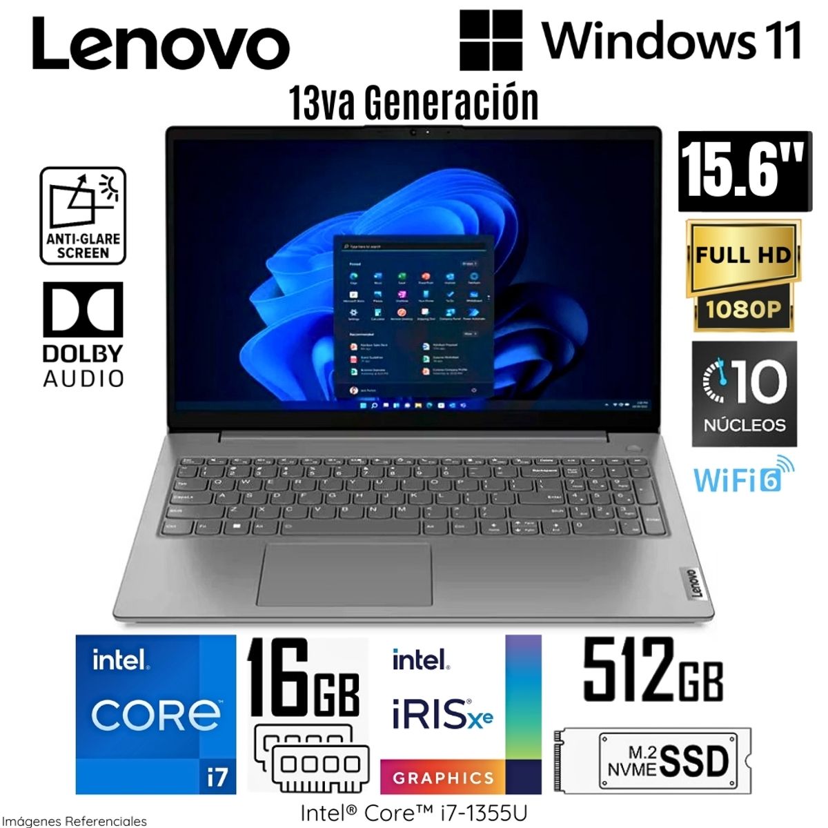 LENOVO - Laptop Lenovo V15 G4 IRU Intel Core i7-1355U 16GB RAM 512GB SSD 15.6"  FHD Iron Grey - 83A100ERLM