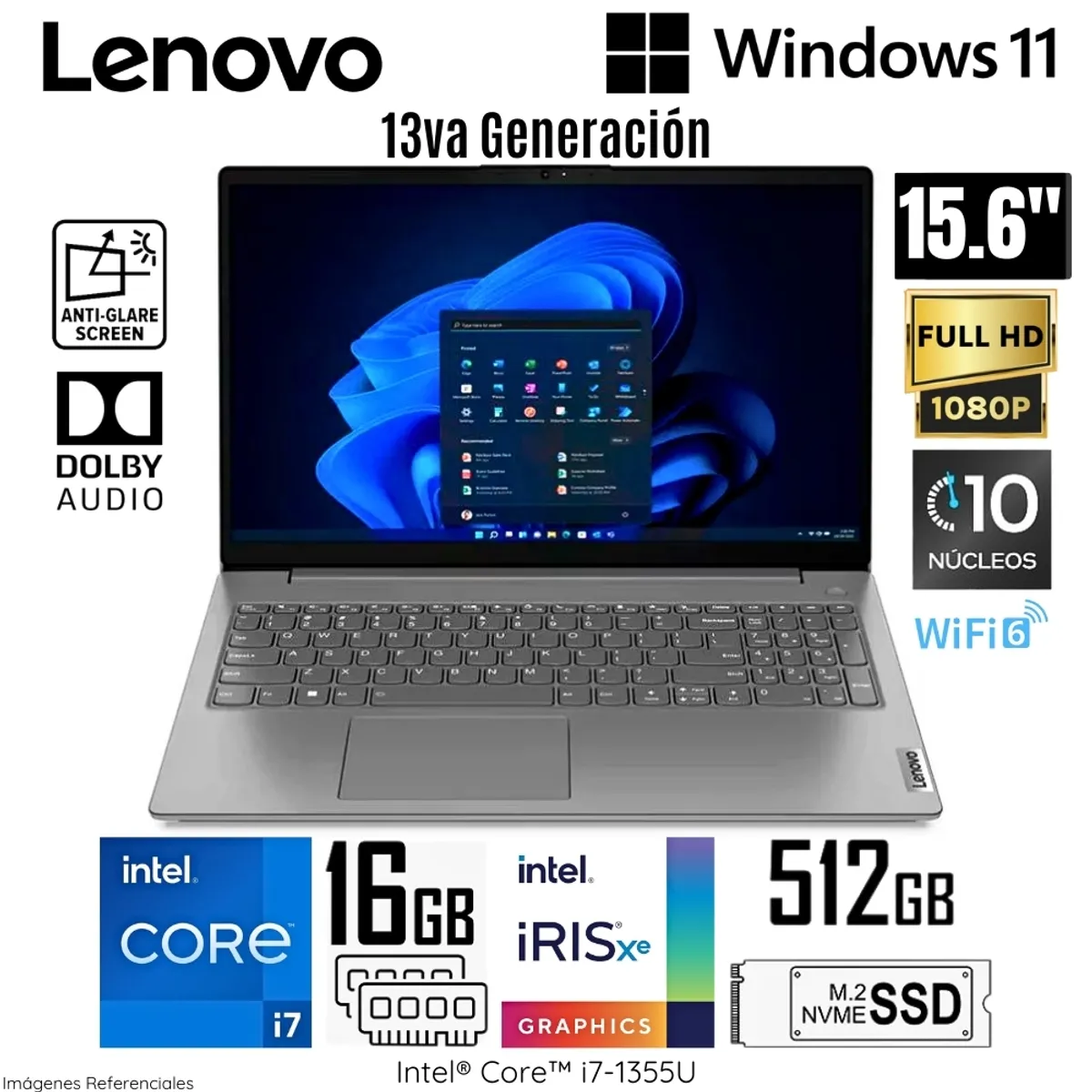 LENOVO - Laptop Lenovo V15 G4 IRU Intel Core i7-1355U 16GB RAM 512GB SSD 15.6"  FHD Iron Grey - 83A100ERLM