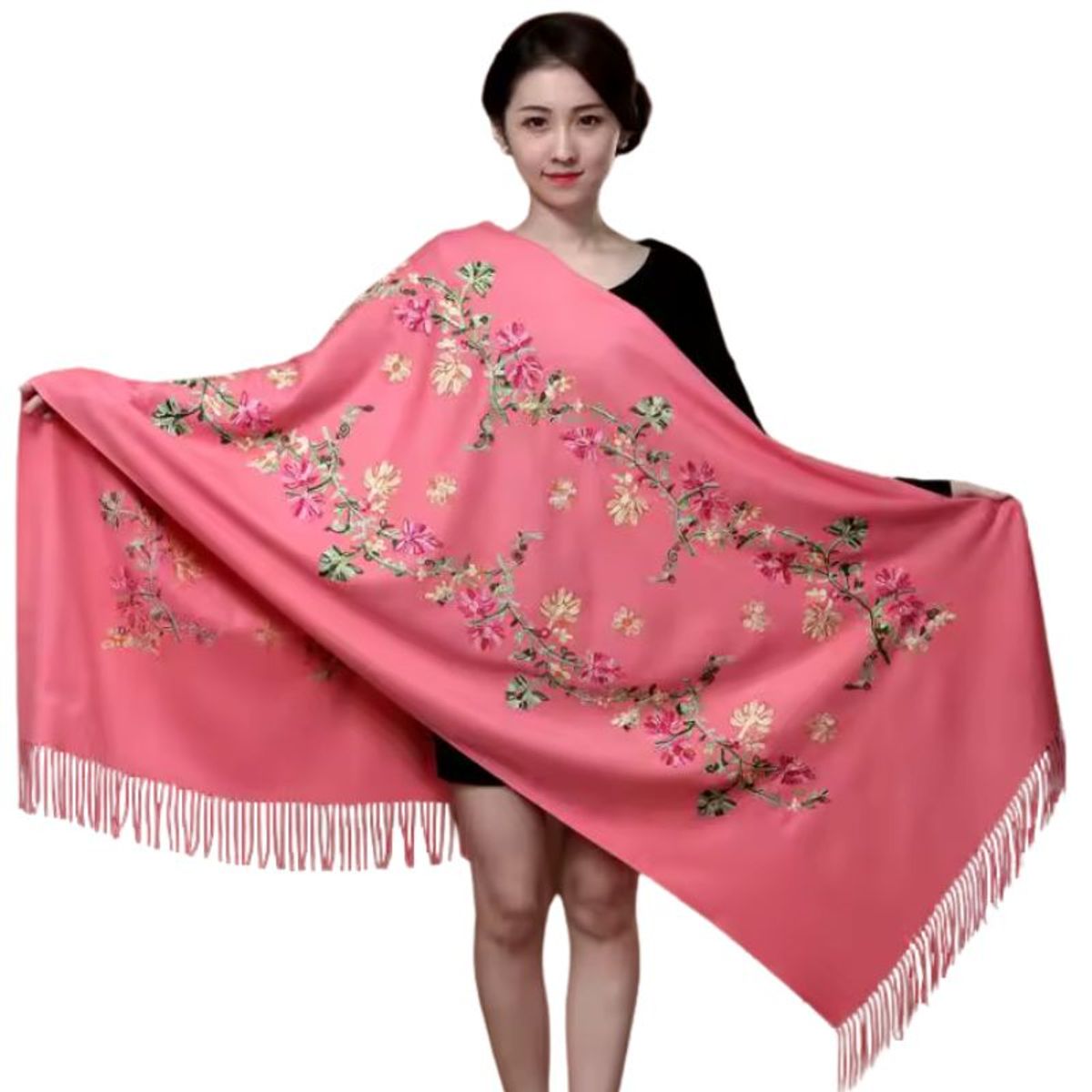 GENERICO - Bufanda Chal Bordado Rosado Con Detalles Para Mujer