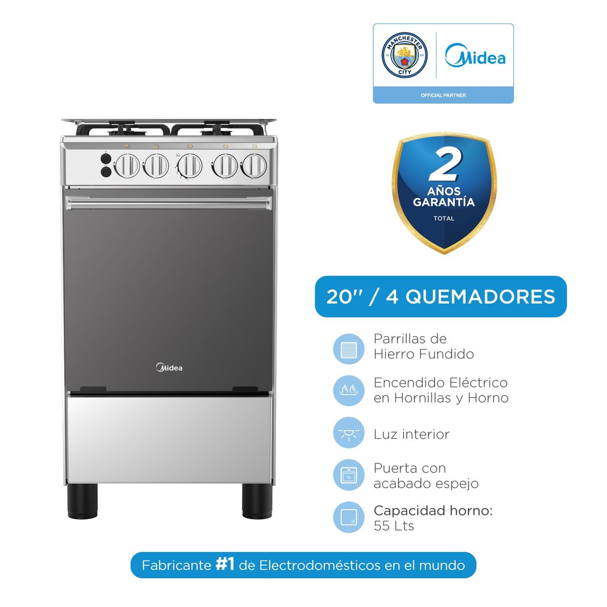 MIDEA - Cocina a Gas Midea 20'' 4 Quemadores Puerta Espejo Silver