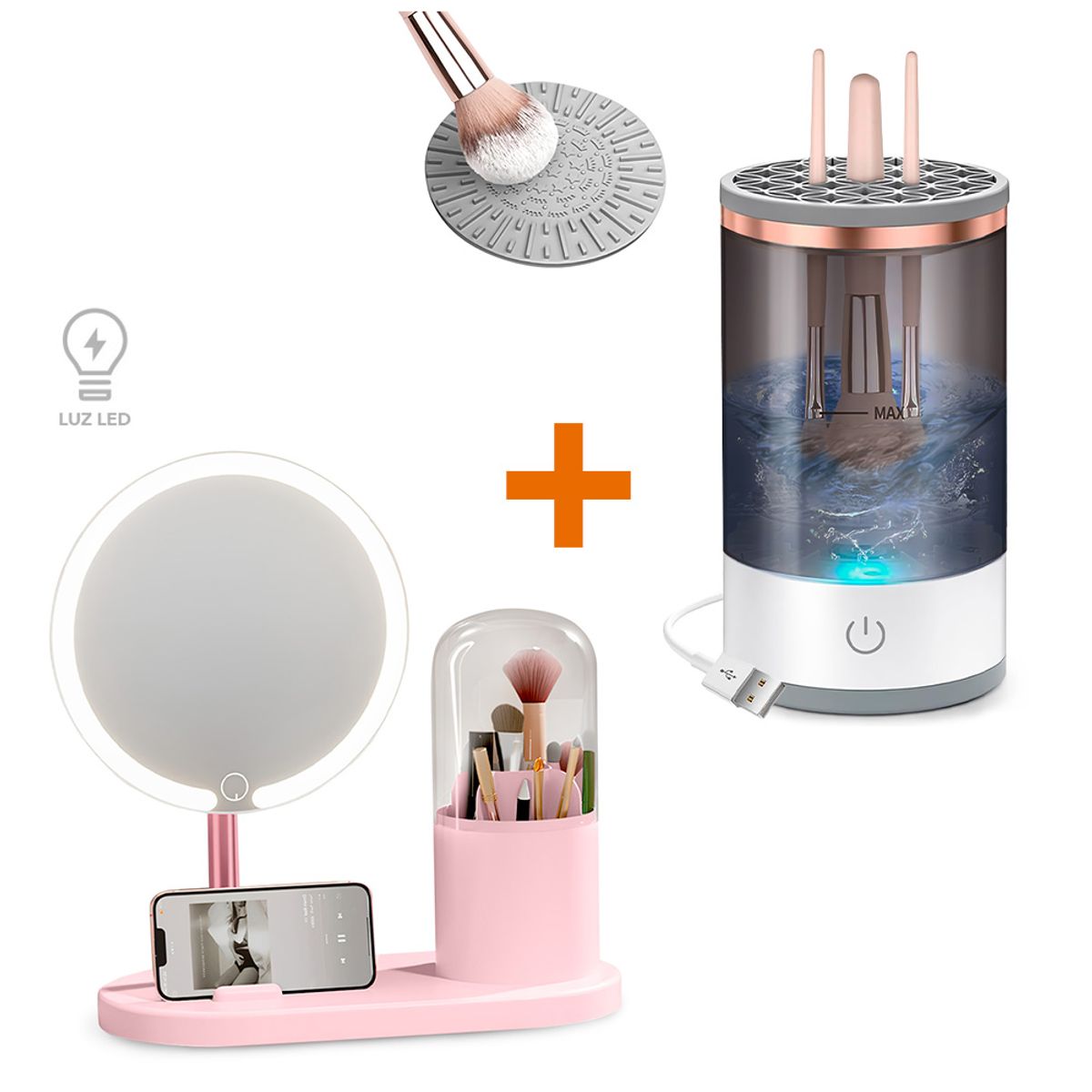 KELLER - Espejo LED con Organizador RS Y14 Y Limpiador de Brochas NG S52