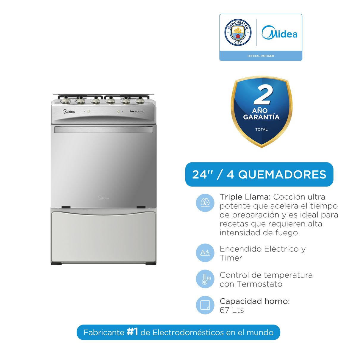 MIDEA - Cocina a Gas Pro 24" 4 Quemadores Acero Inoxidable