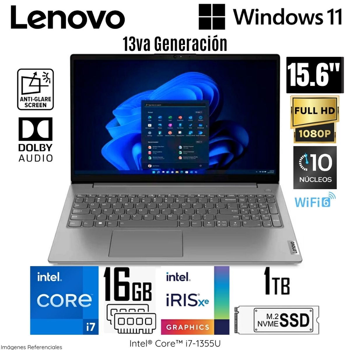 LENOVO - Laptop Lenovo V15 G4 IRU Intel Core i7-1355U 16GB RAM 1TB SSD 15.6"  FHD Iron Grey - 83A100ESLM