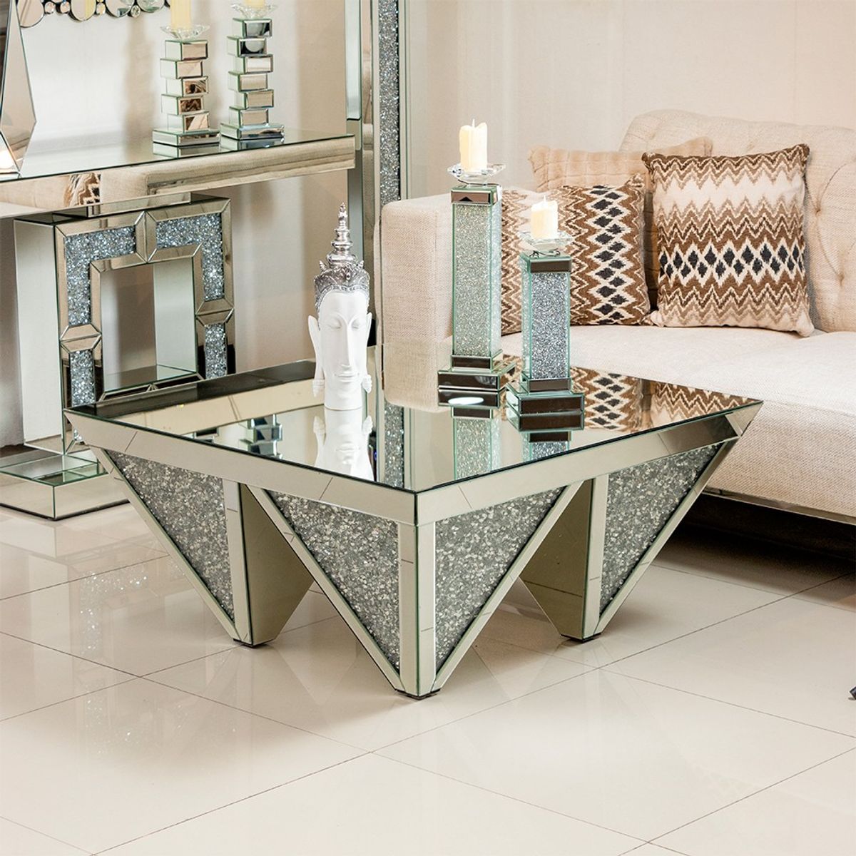 PANADECOR - Mesa De Centro Panadecor Moderno De Espejos Y Detalles Brillantes 94Cm