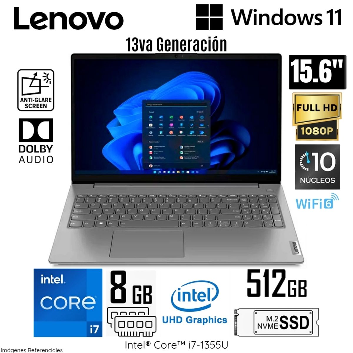 LENOVO - Laptop Lenovo V15 G4 IRU Intel Core i7-1355U 8GB RAM 512GB SSD 15.6"  FHD Iron Grey- 83A100EQLM