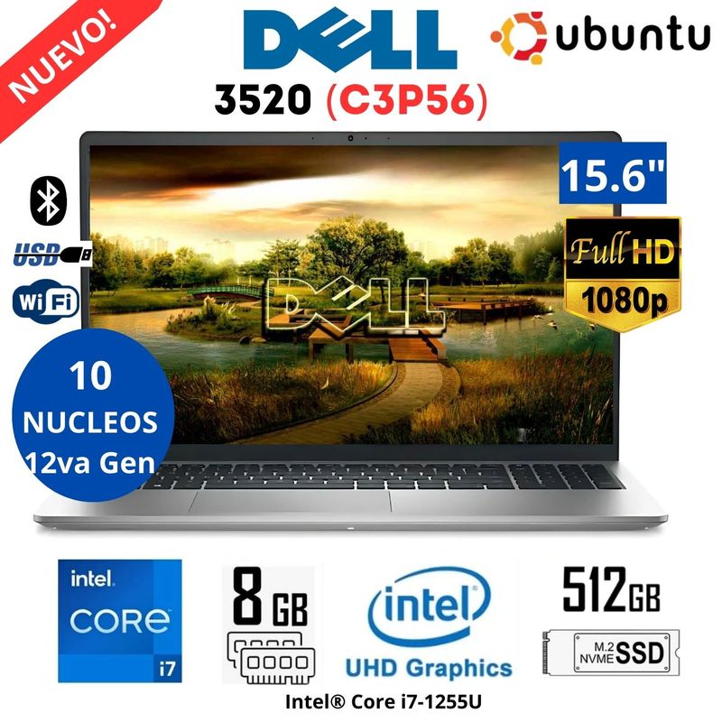 DELL - Laptop Dell Inspion 15 3520 (C3P56) Intel Core i7-1255U 8GB RAM 512GB SSD 15.6"  FHD UBUNTU - Silver
