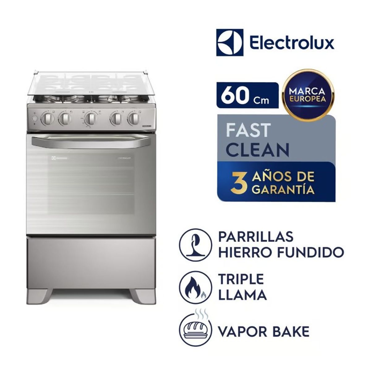 ELECTROLUX - Cocina Electrolux 4 Quemadores Efficient VaporBake y Triple Llama Silver FE4PMR