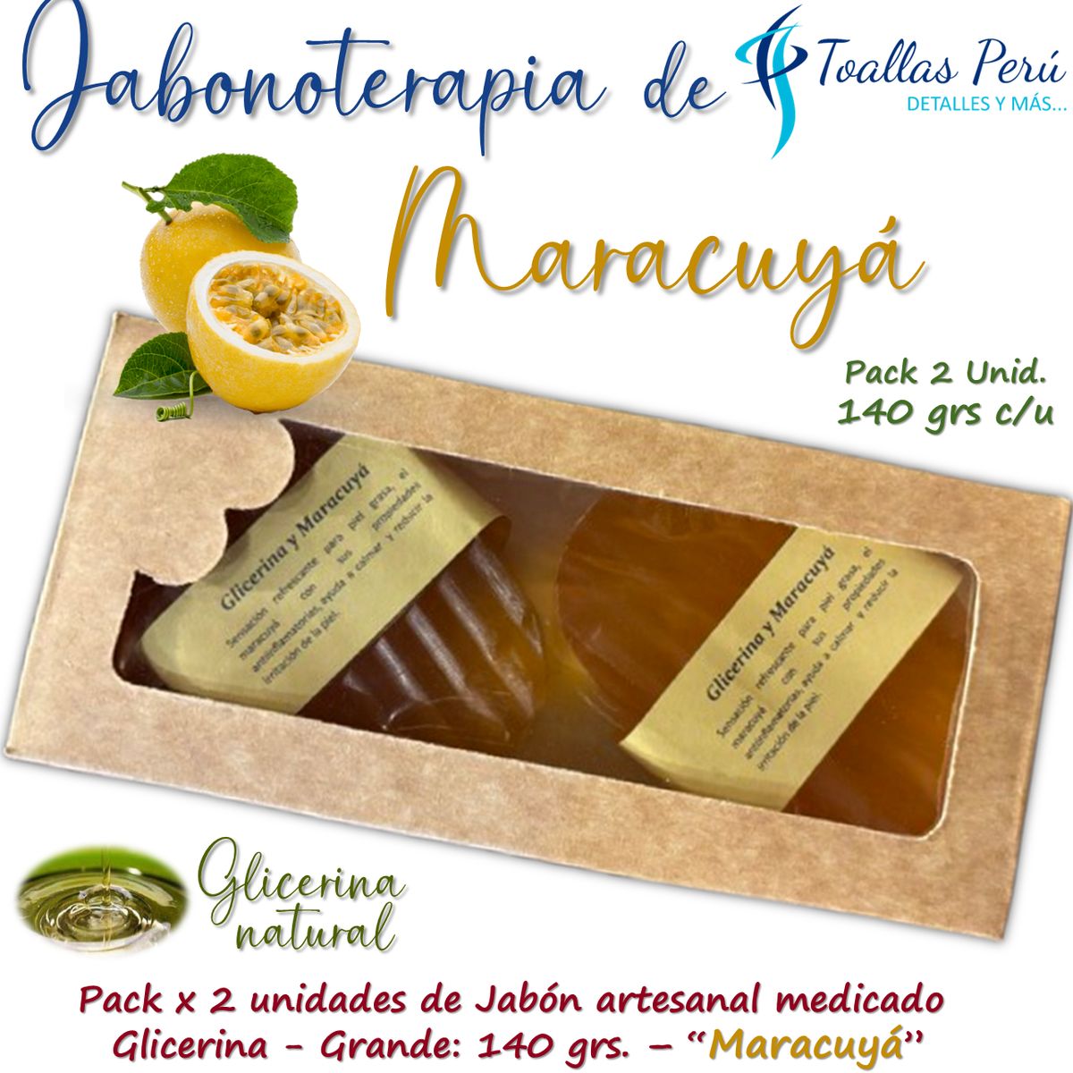 GENERICO - Jabón artesanal Glicerina 140 grs Pack x 2 - Maracuyá