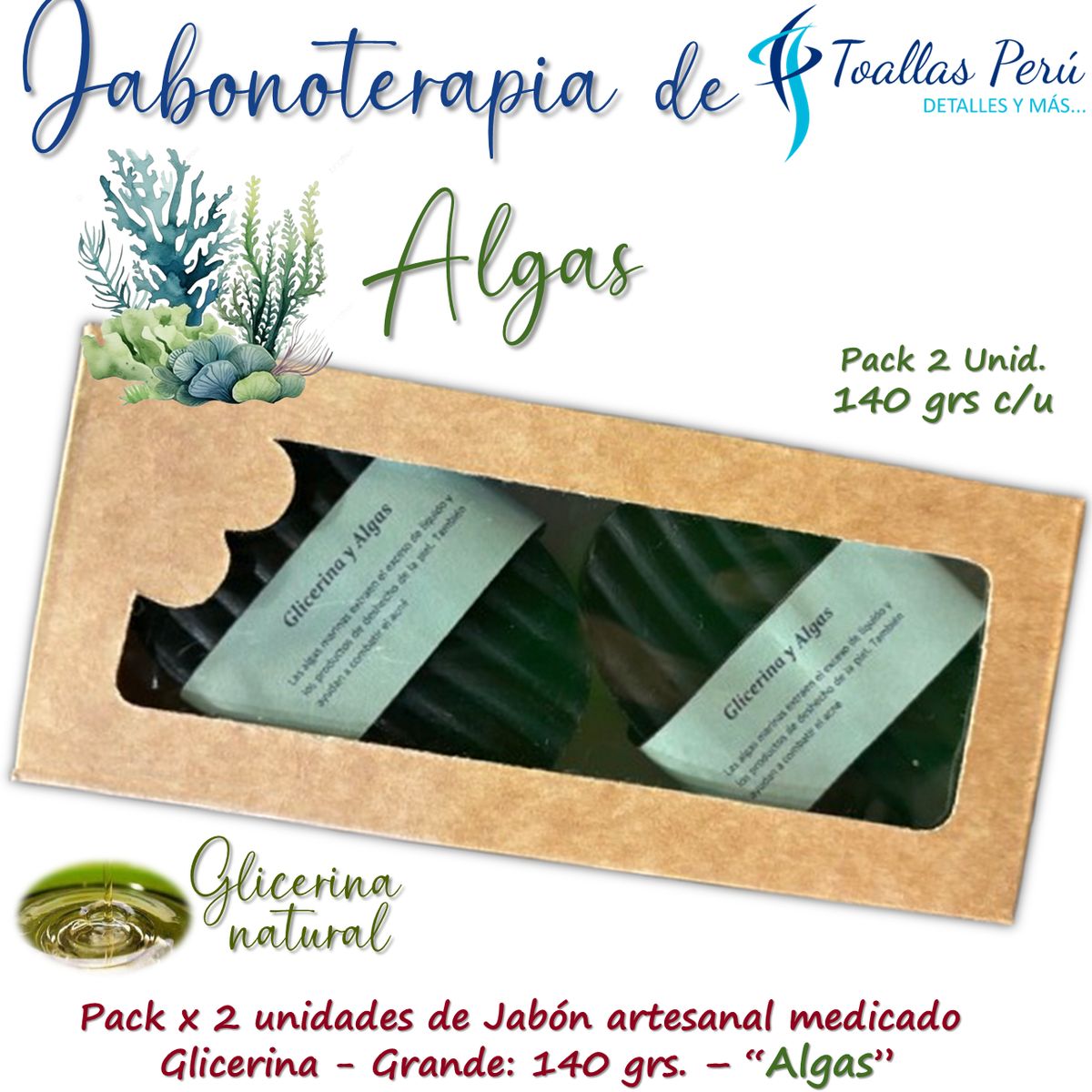 GENERICO - Jabón artesanal Glicerina 140 grs Pack x 2 - Algas