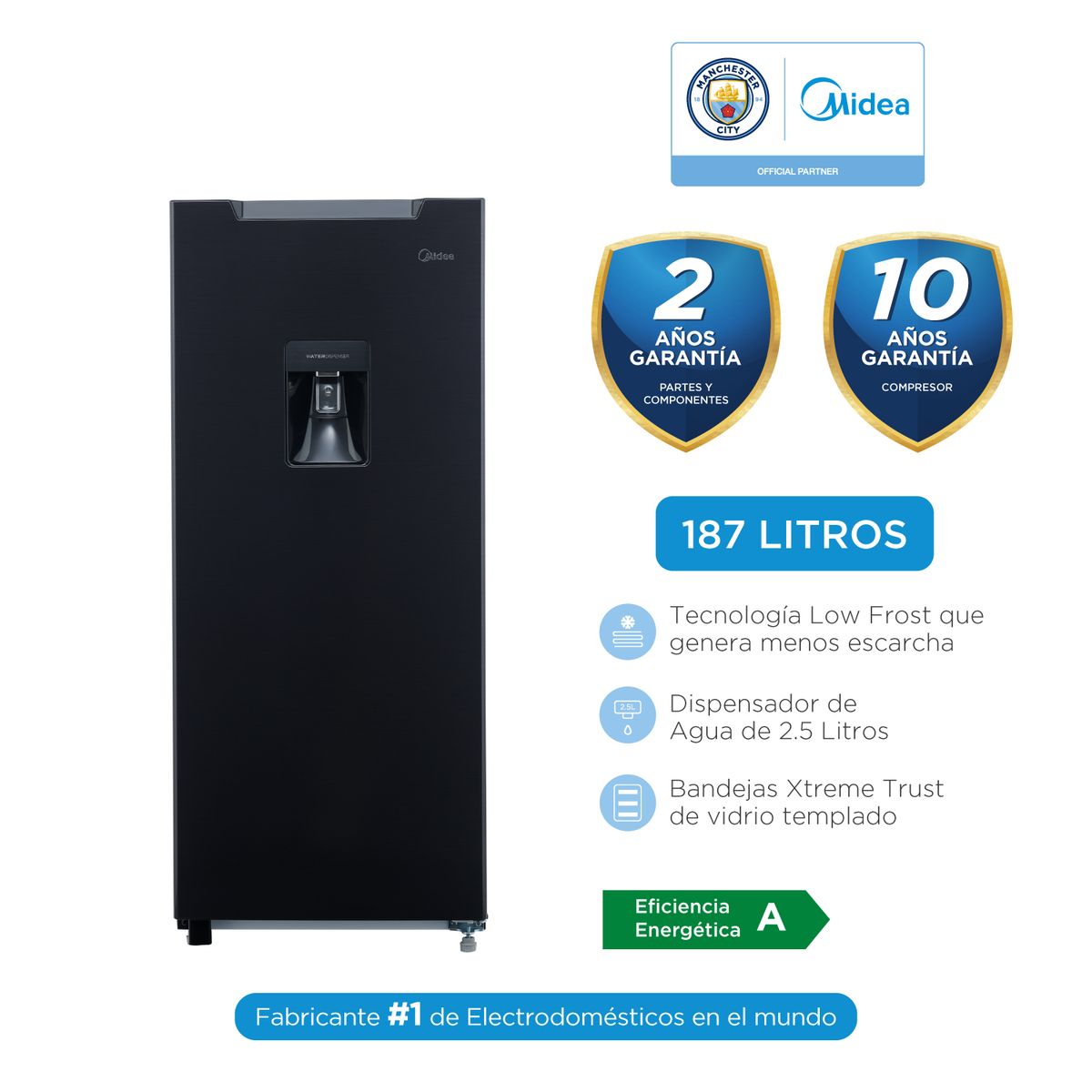 MIDEA - Refrigeradora 1 puerta con Dispensador Midea Low Frost Negro