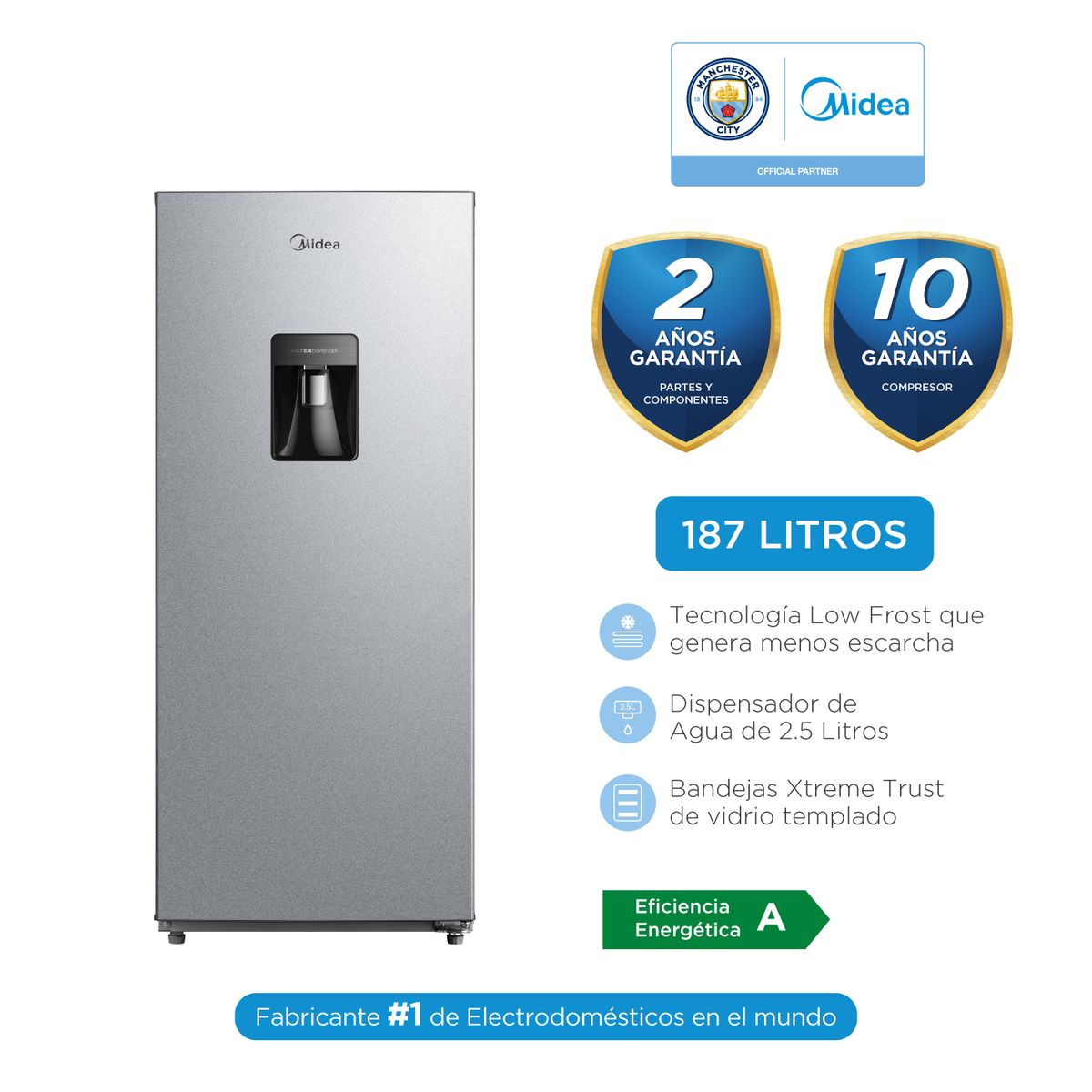 MIDEA - Refrigeradora 1 puerta con Dispensador Midea Low Frost Silver