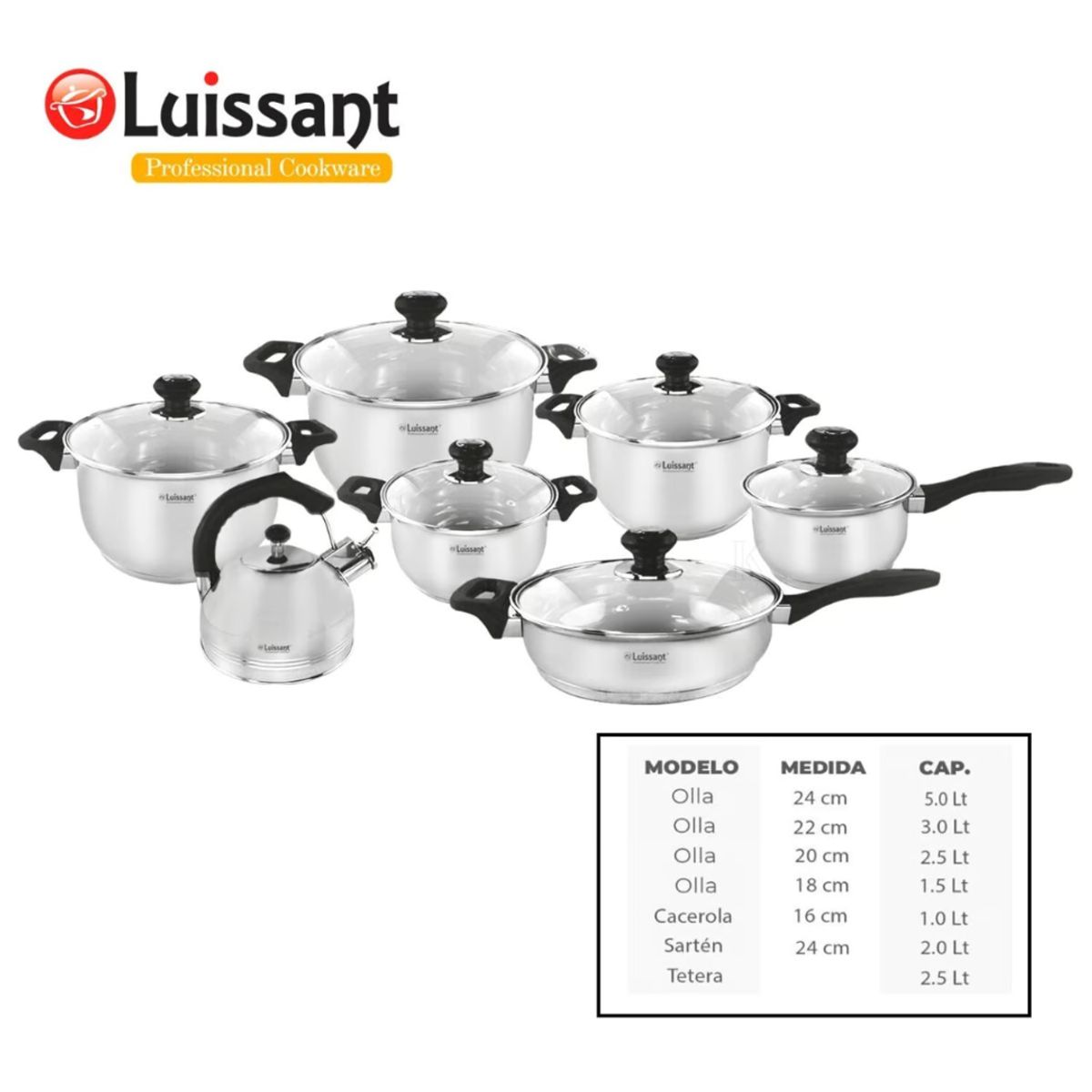 LUISSANT - JUEGO DE OLLAS DE 14 PZAS EN ACERO INOXIDABLE LUISSANT