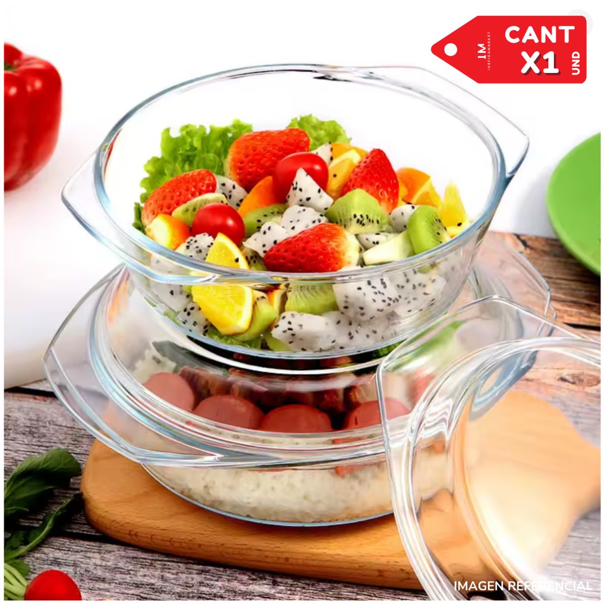 INSPIRA MARKET - Bowl de vidrio ensaladera frutera elegante con tapa