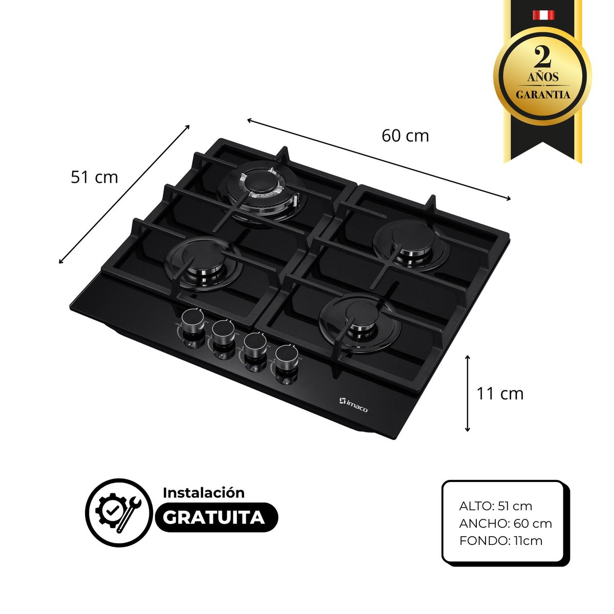 IMACO - Cocina empotrable Gas X4 Quemadores IENC60 Imaco