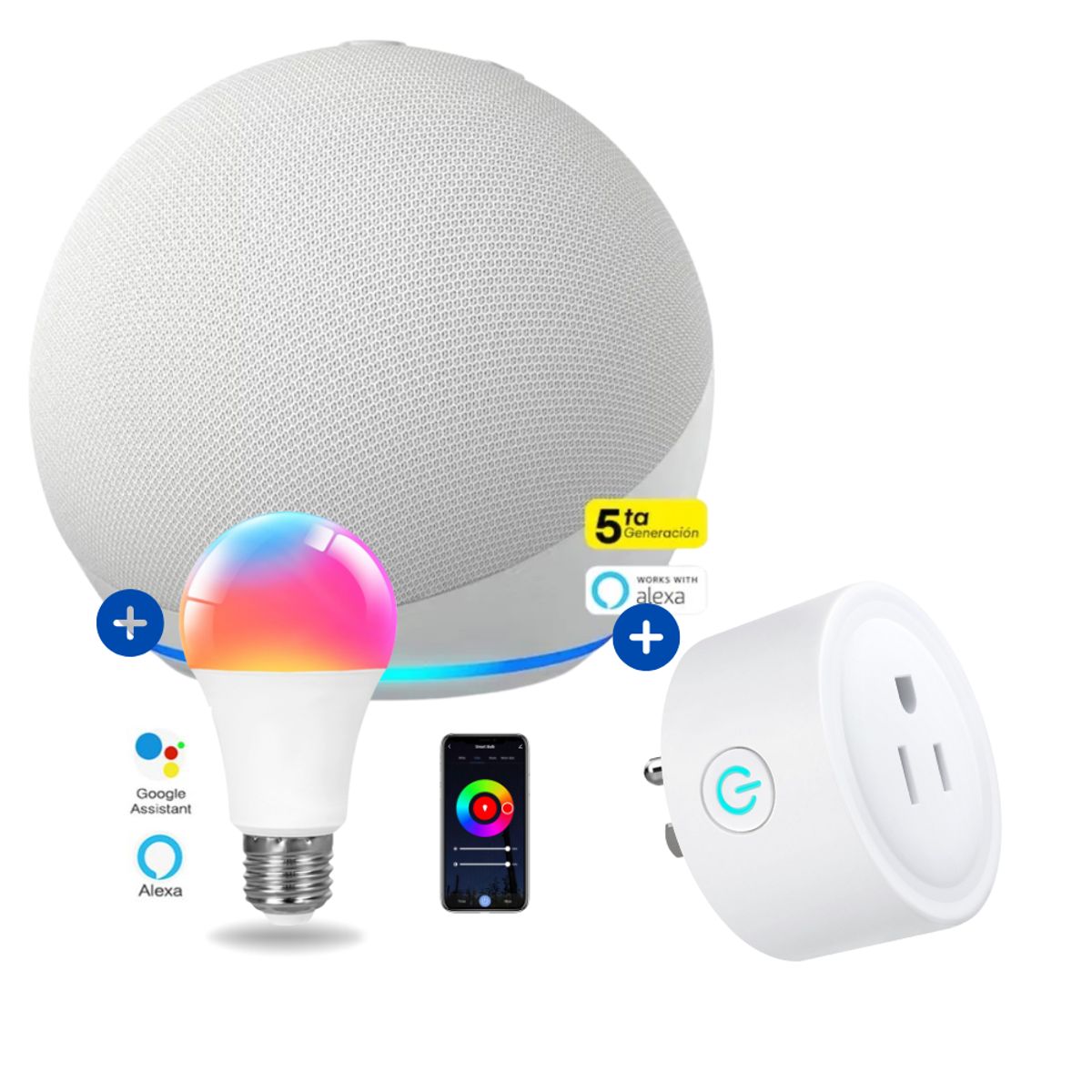 AMAZON - Amazon Echo Dot 5ta Gen Alexa Blanco + foco inteligente + enchufe Smart