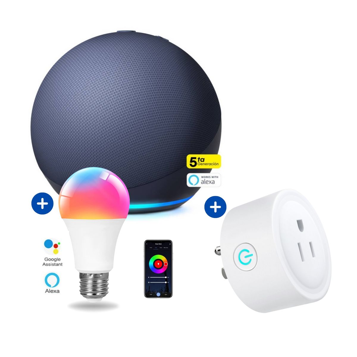 AMAZON - Amazon Echo Dot 5ta Gen Alexa Azul + foco inteligente + enchufe Smart