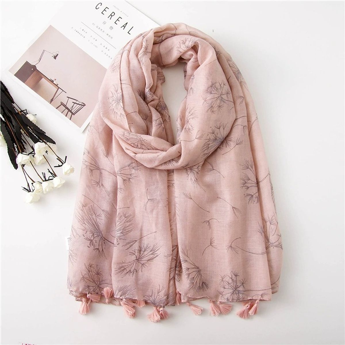 KAST PE - Bufanda Chal Pashmina Dandelion ligera estampado 180x90 Rosado