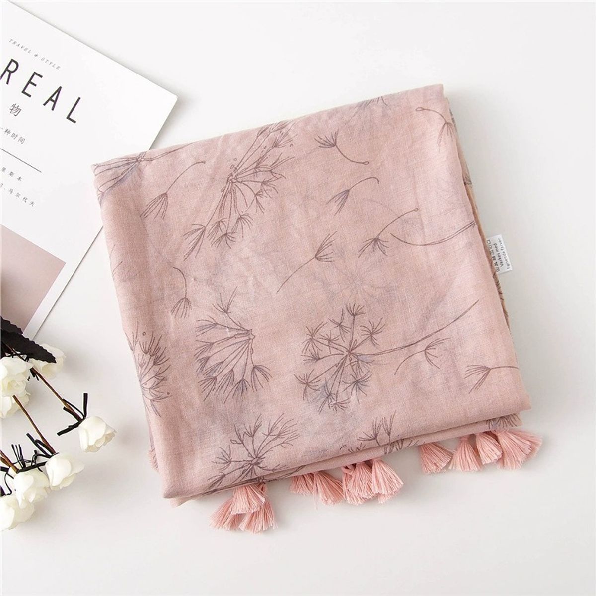 KAST PE - Bufanda Chal Pashmina Dandelion ligera estampado 180x90 Rosado