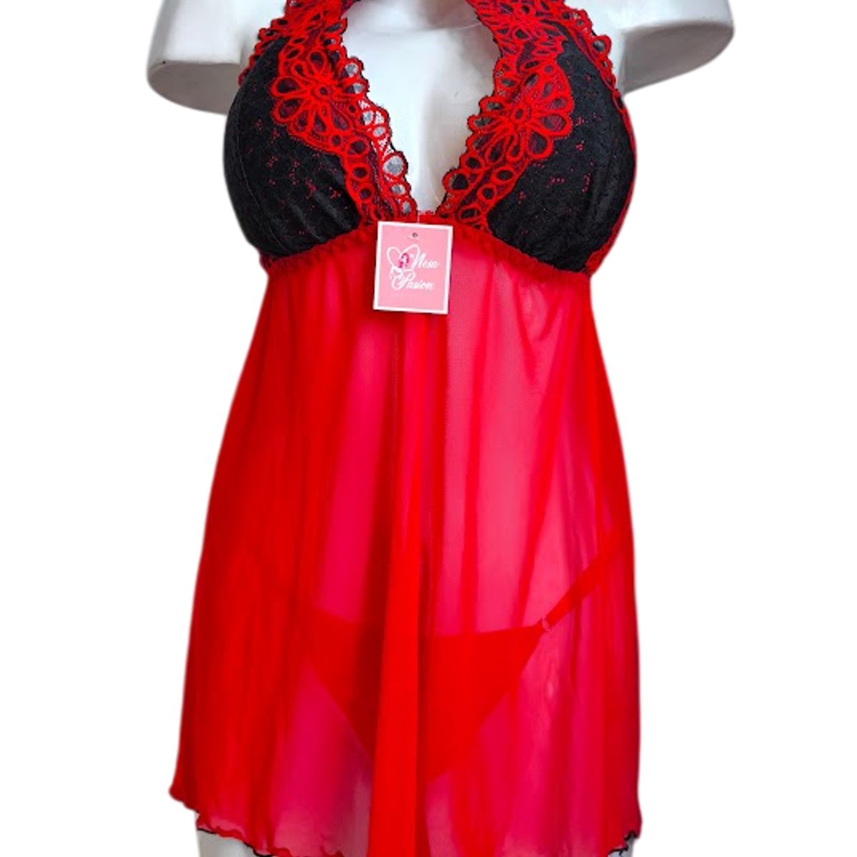 GENERICO - LENCERIA BABYDOLL DE ENCAJE ROJO PIJAMA SEXY
