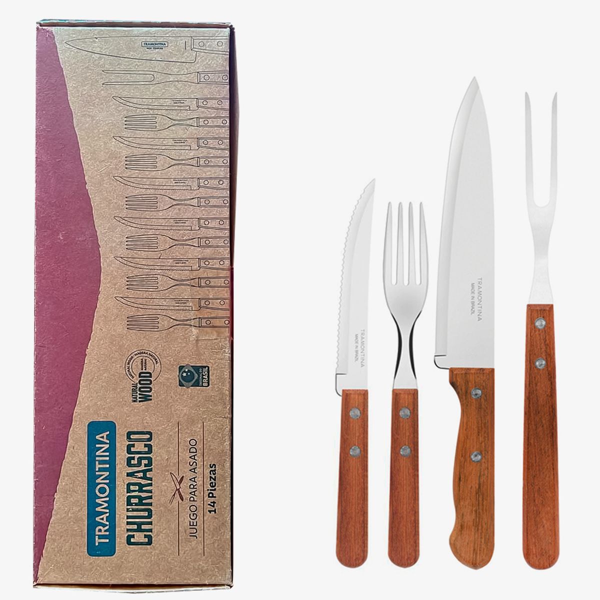 TRAMONTINA - Juego de Cubiertos de Asado kit churrasco 14 Piezas Tramontina