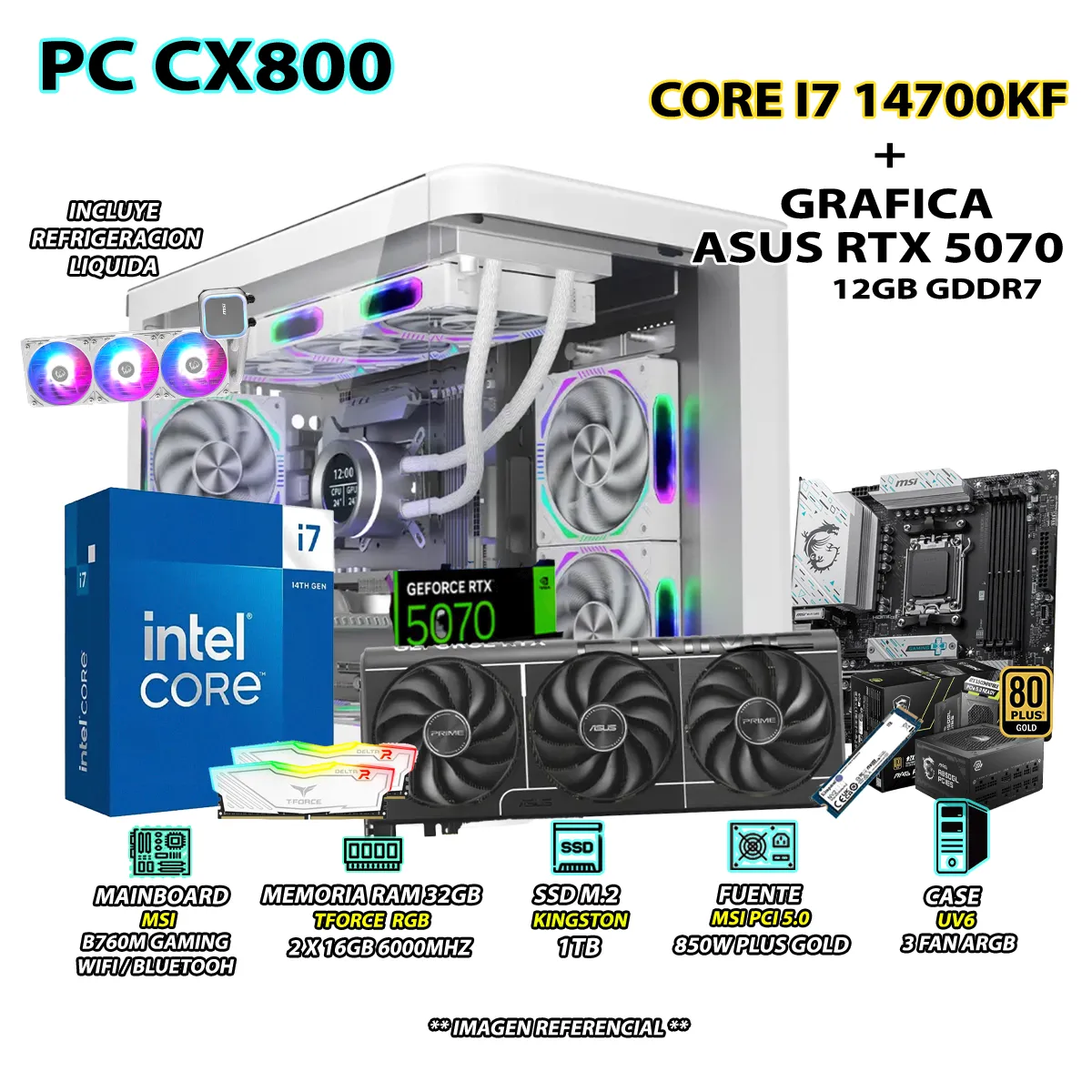 INTEL - Computadora PC Gamer Core i7 14700KF RAM 32GB SSD 1TB GRAFICA RTX 5070 12GB