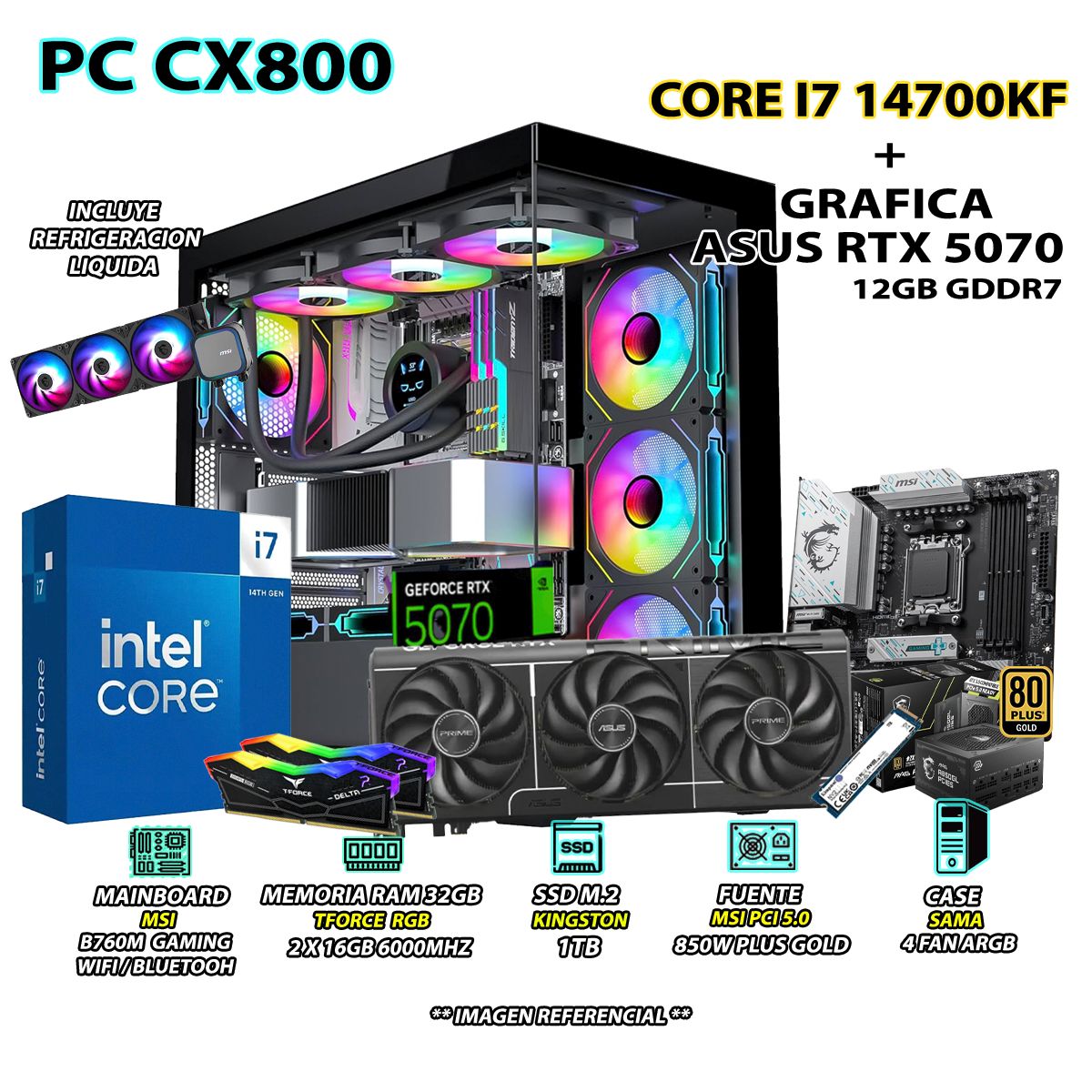 INTEL - Computadora PC Gamer Core i7 14700KF RAM 32GB SSD 1TB GRAFICA RTX 5070 12GB