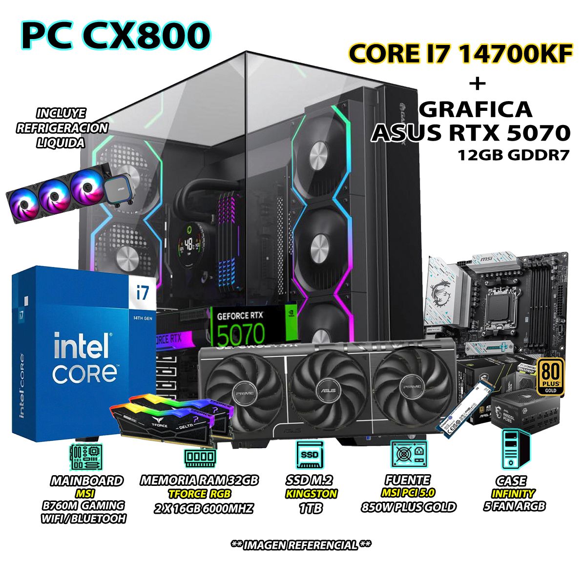 INTEL - Computadora PC Gamer Core i7 14700KF RAM 32GB SSD 1TB GRAFICA RTX 5070 12GB