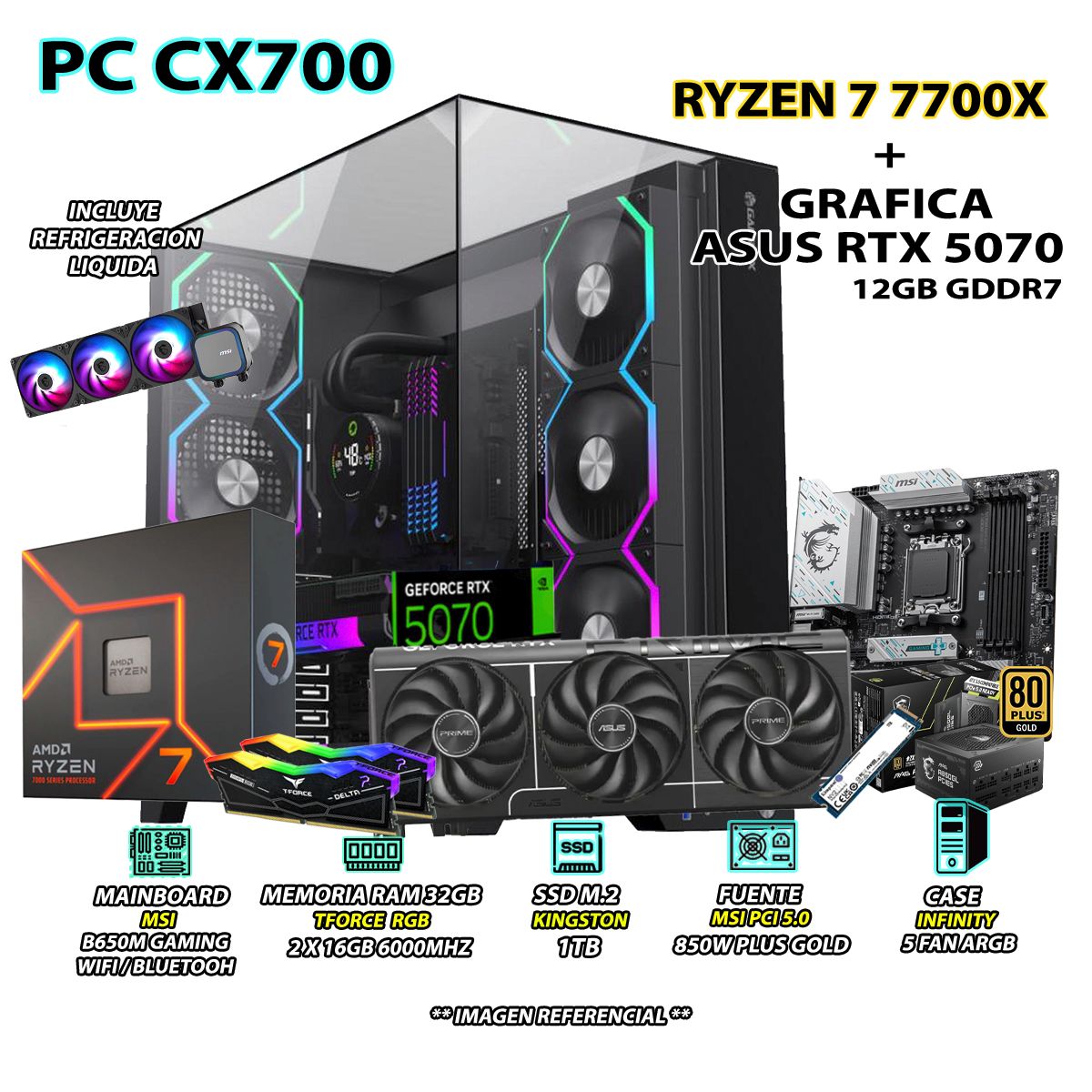 AMD - Computadora PC Gamer RYZEN 7 7700X RAM 32GB DDR5 SSD 1TB GRAFICA RTX 5070 12GB