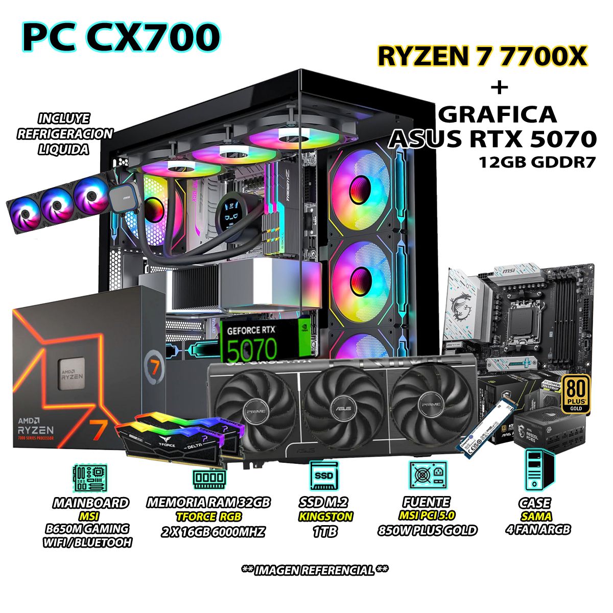 AMD - Computadora PC Gamer RYZEN 7 7700X RAM 32GB DDR5 SSD 1TB GRAFICA RTX 5070 12GB