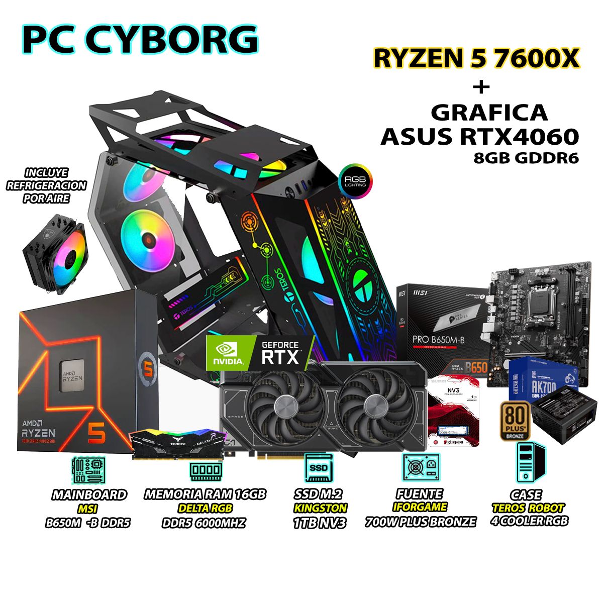 RYZEN - Computadora Gamer Pro Ryzen 5 7600X RAM 16GB DDR5 SSD 1TB GRAFICA RTX 4060 8GB