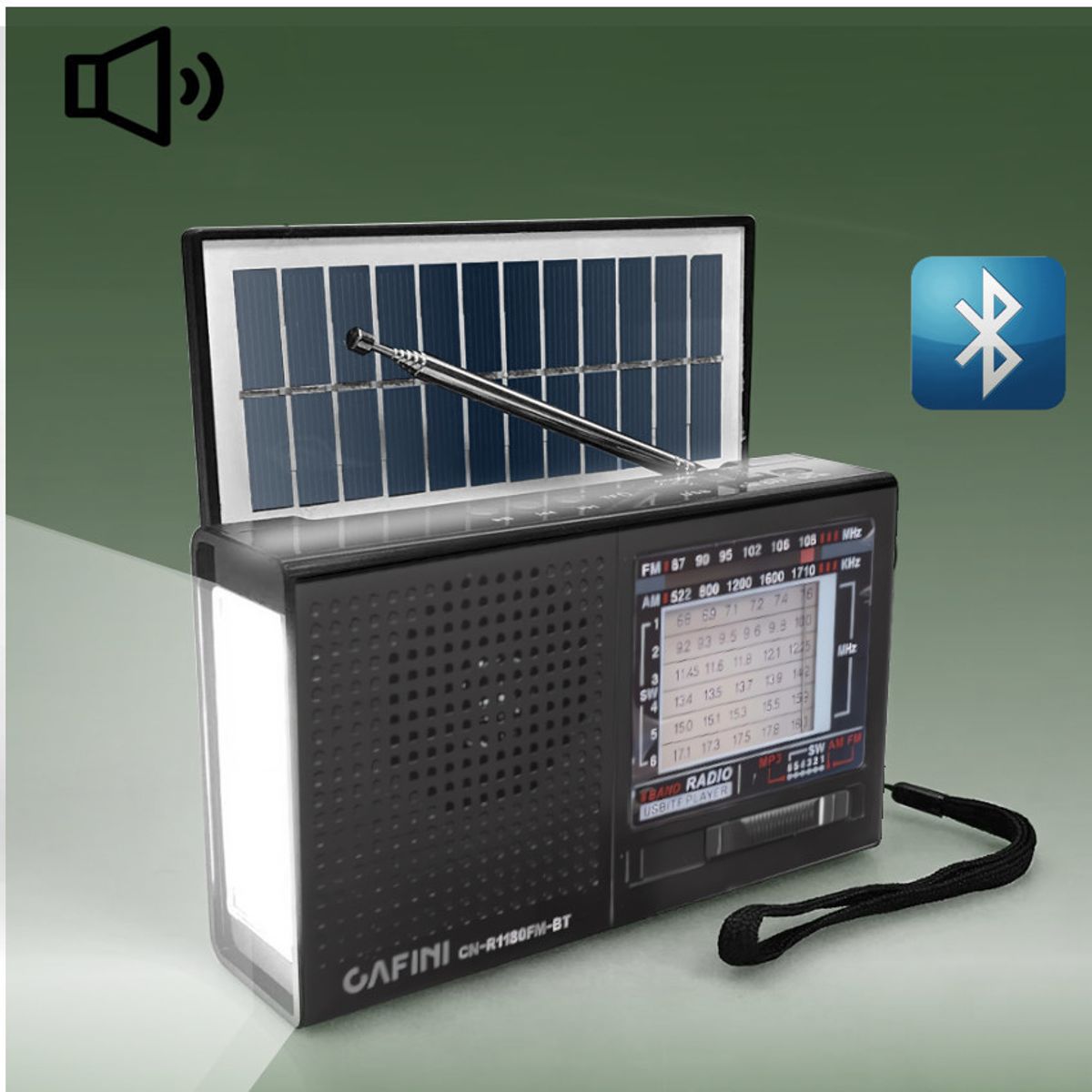 CAFINI - RADIO SOLAR PORTAIL AM FM MP3 RECARGABLE BLUETOOH LUMINARIA EMERGENCY