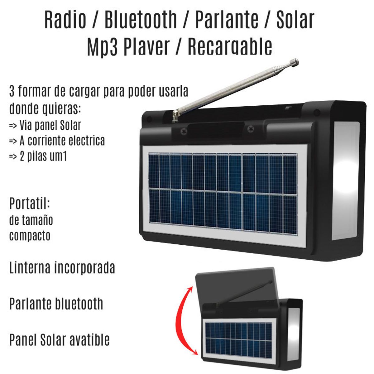 CAFINI - RADIO SOLAR PORTAIL AM FM MP3 RECARGABLE BLUETOOH LUMINARIA EMERGENCY