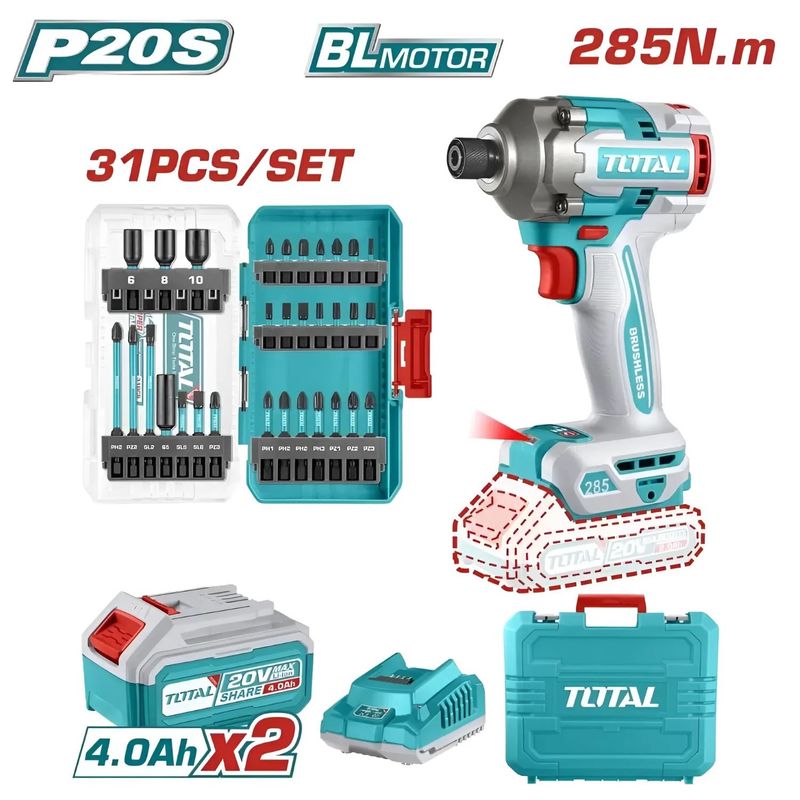 TOTAL TOOLS - Atornillador De Impacto 20v 285nm + Punteras De Impacto-TOSLI240966