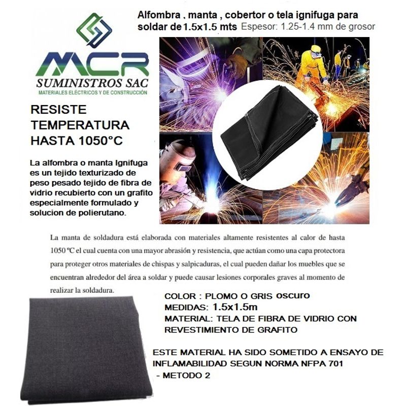GENERICO - MANTA IGNIFUGA PARA SOLDAR O ALFOMBRA DE 1.5 m x 1.5 m hasta 1050°C