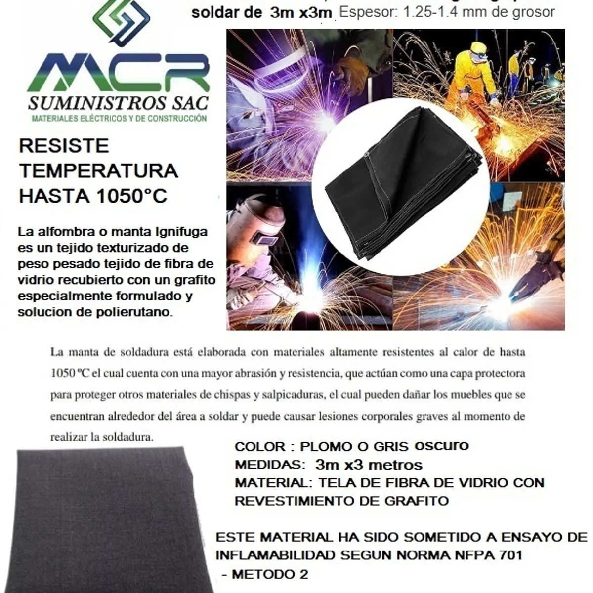 GENERICO - MANTA IGNIFUGA PARA SOLDAR O ALFOMBRA DE 3m x 3m hasta 1050°C