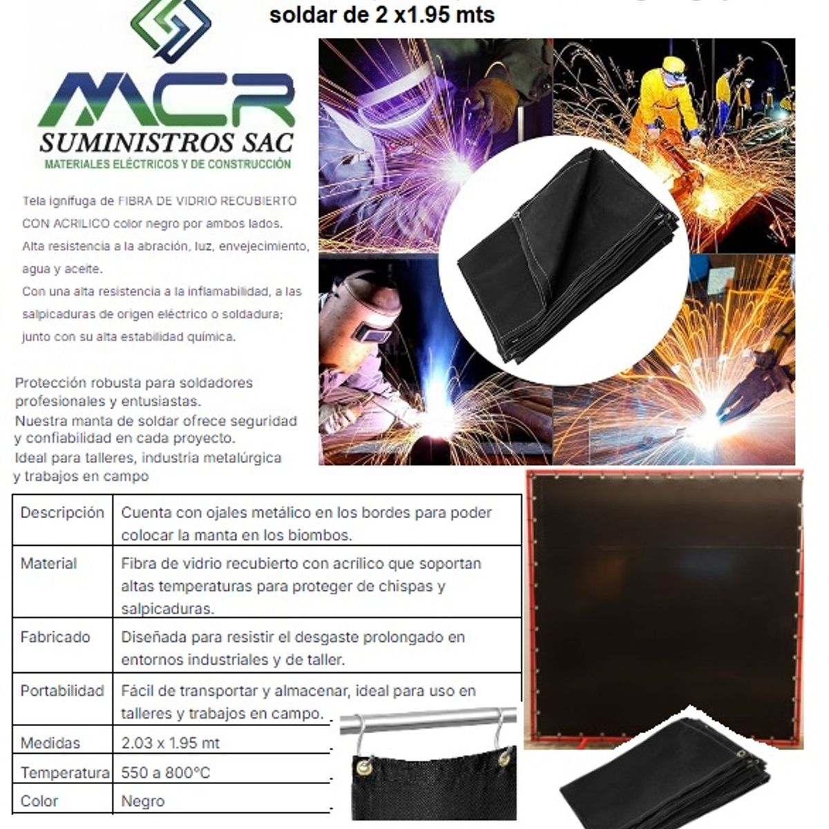 GENERICO - COBERTOR PARA SOLDAR IGNIFUGO DE 2m x 2 m HASTA 800°C NEGRO
