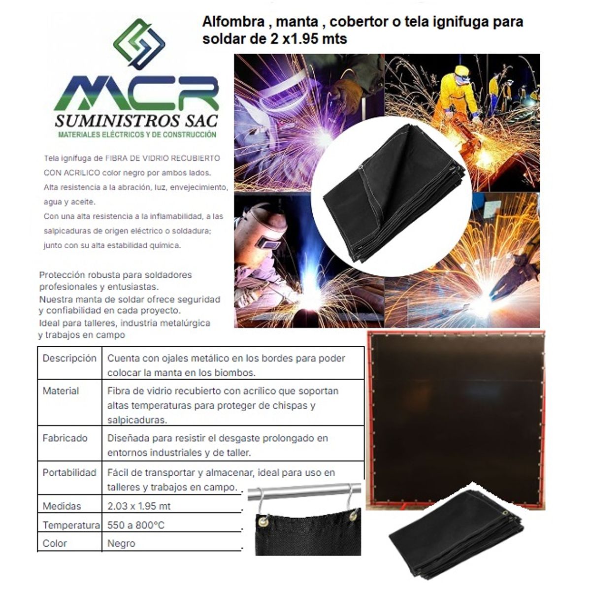 GENERICO - COBERTOR PARA SOLDAR IGNIFUGO DE 2m x 2 m HASTA 800°C NEGRO