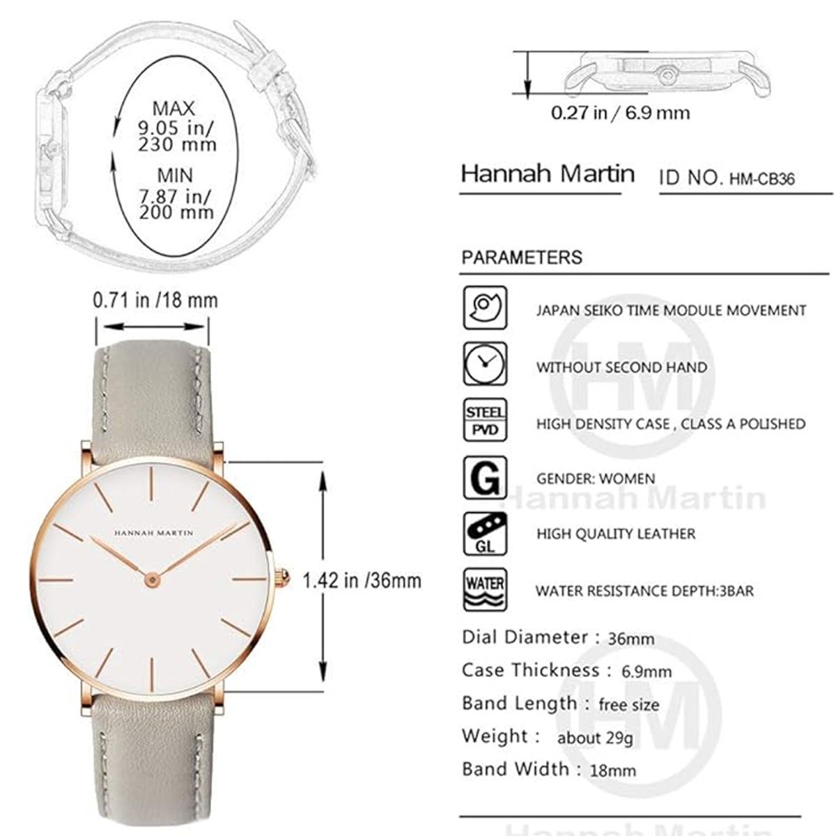 HANNAH MARTIN - RELOJ MUJER GRIS CUERO HANNAH MARTIN