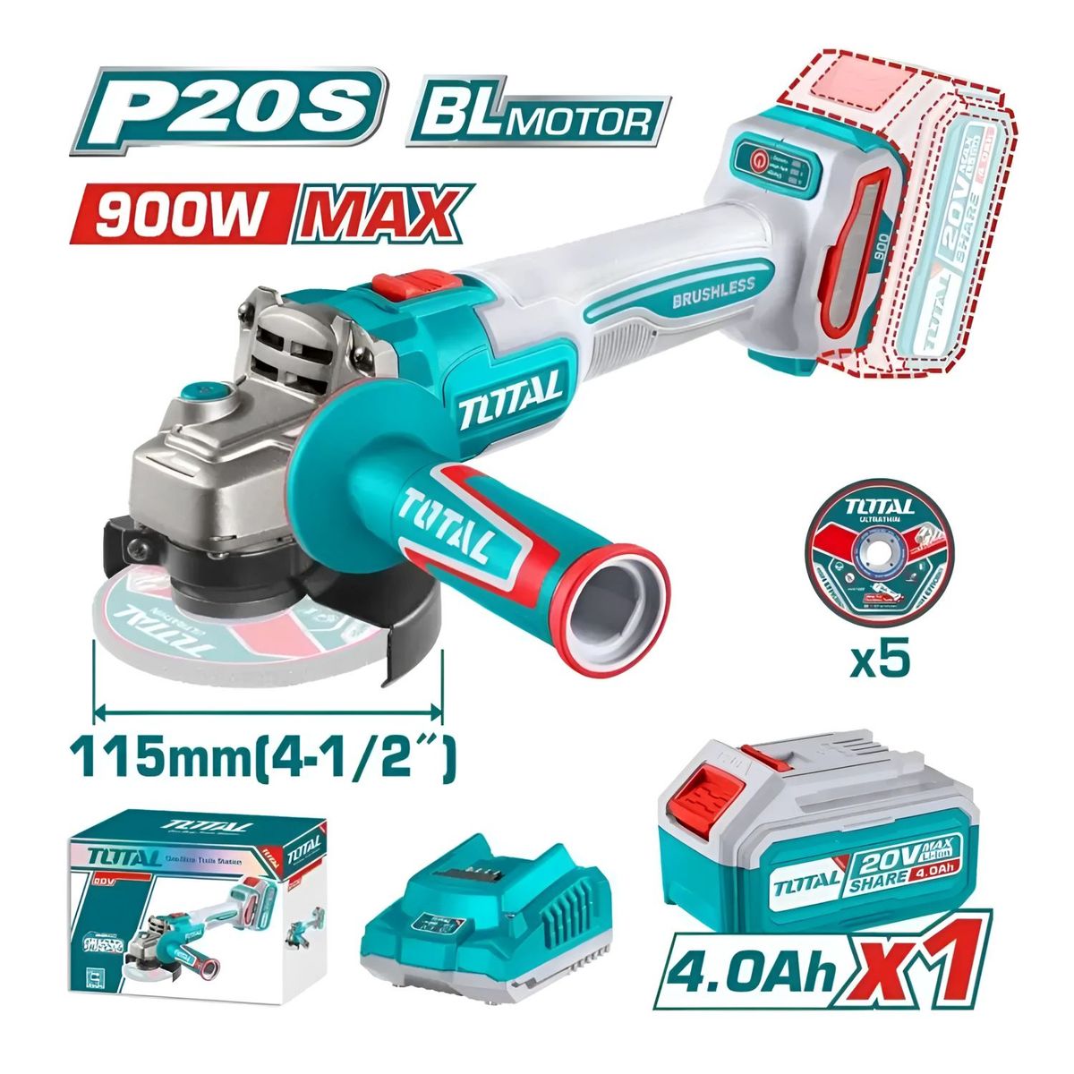 TOTAL TOOLS - Amoladora Inalámbrica 4 Un Medio pulgadas Total 900w - TAGLI261521