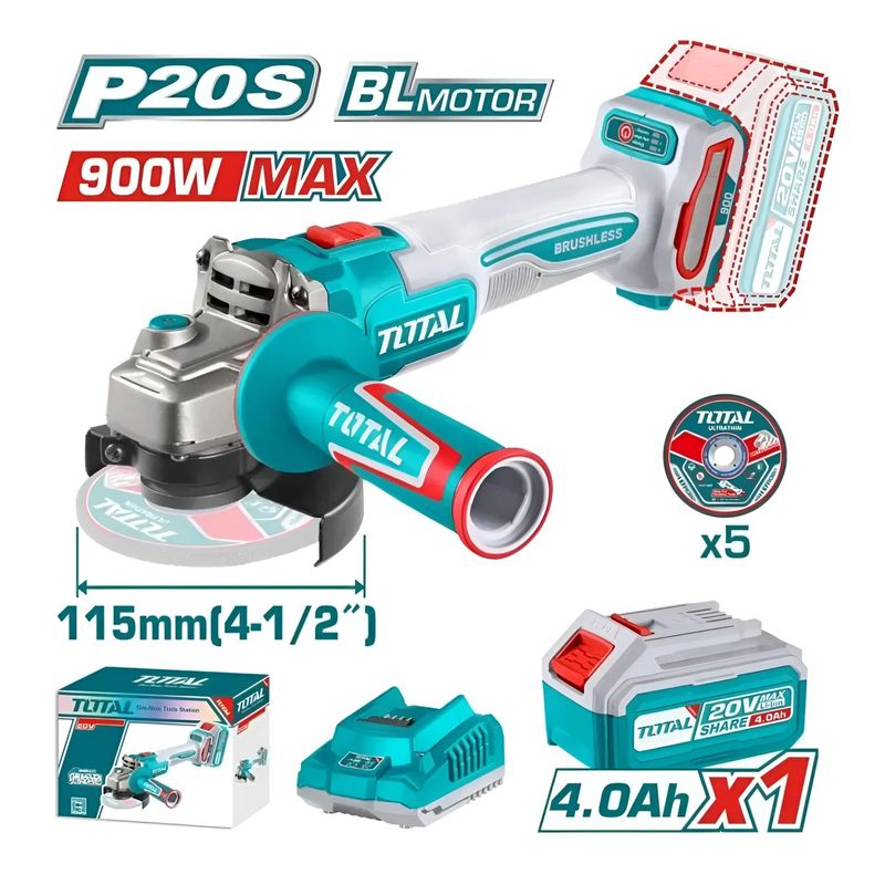 TOTAL TOOLS - Amoladora Inalámbrica 4½ pulgadas Total 900w - TAGLI261521