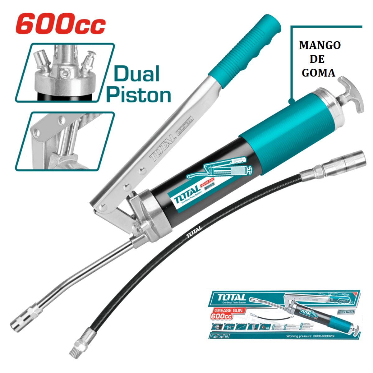 TOTAL TOOLS - Engrasadora Manual 600cc Doble Pistón Alto Volumen 3600psi - THT111062
